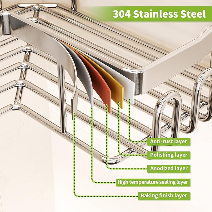 SWTYMIKI Shower Caddy Corner with Soap Holder, 2-Tier Stainless Steel Corner Shower Organizer with 11 Hooks, No Drilling & 6 Strong Adhesives Bathroom Shelf Organizer, Silver - 2 Tier - Image 5