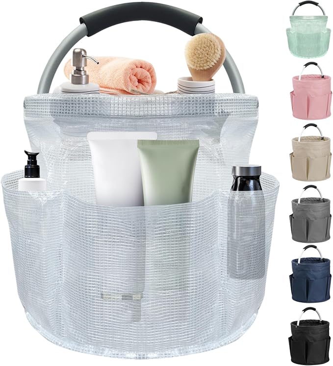 17L Portable Shower Caddy with Handle, Foldable Cleaning Supply Caddy in PVC Resin, Picnic Basket with 6 Side Pockets, Multifunctional Storage Basket for Bathroom, Picnics, Transparent by IHOMAGIC