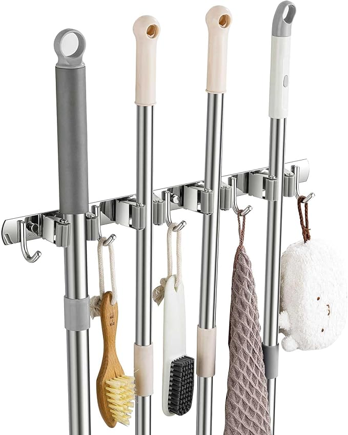 Broom Holder Wall Mount, Stainless Steel Broom Hanger Wall Mount, Heavy Duty Mop and Broom Holder Tool Racks Utility Hooks for Laundry Room Garden Garage, Grey (4 Racks and 5 Hooks) by Unknown