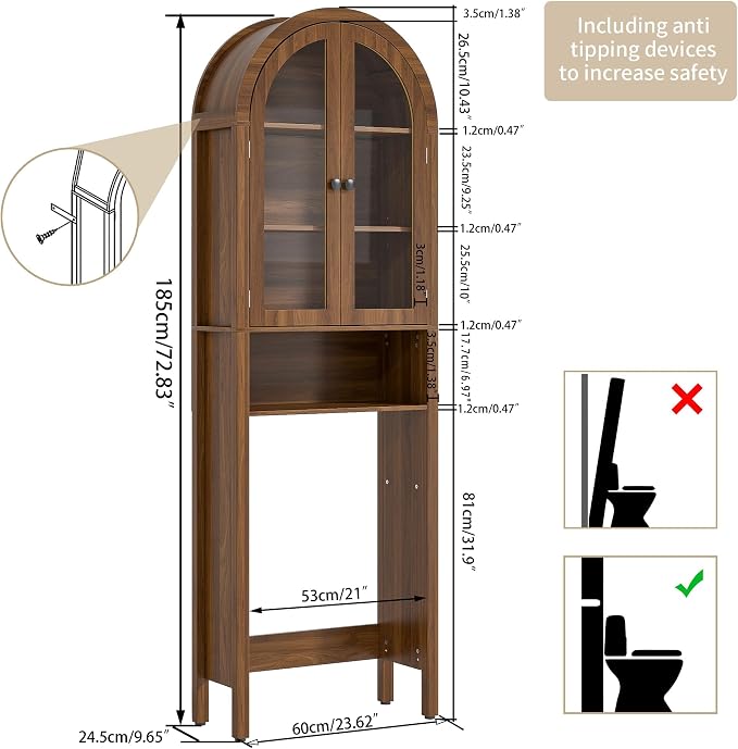 Arched Over The Toilet Storage Cabinet with Acrylic Doors, 4 Tier Small Bathroom Shelf Organizer, Mid Century Modern Bathroom Cabinet with Adjustable Shelf, Slim Narrow Arch Toilet Rack, Walnut - Image 2