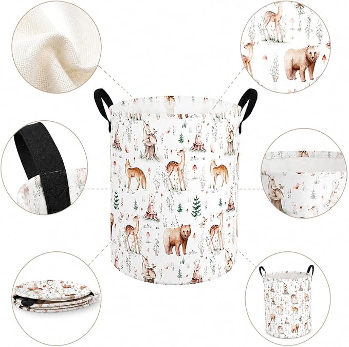MAIZMZ Woodland Animal Storage Bin, Waterproof Lining Laundry Basket with Leather Handles for Kids Room, Gifts - Image 5