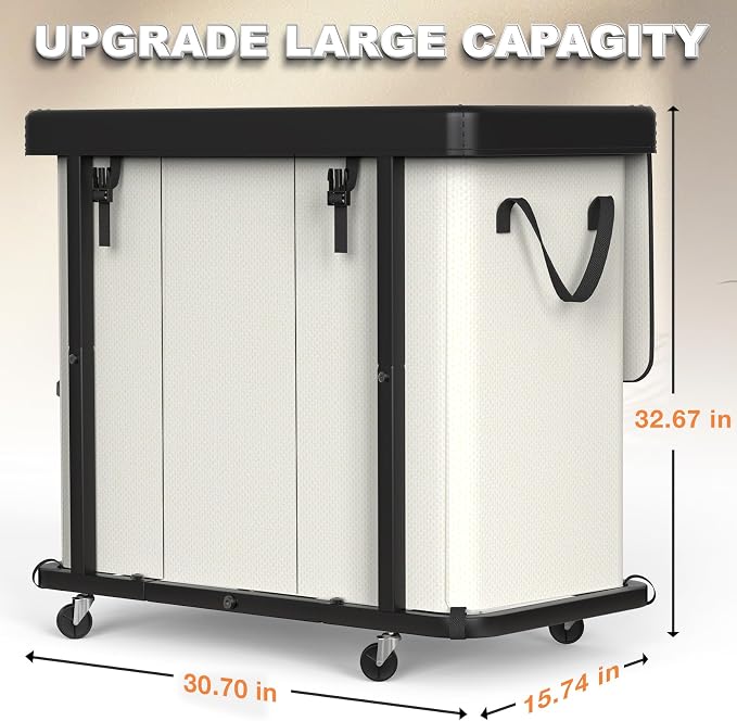 Laundry Basket with Wheels, 230L(60Gal) Laundry Sorter 3 Section - Beige - Image 6
