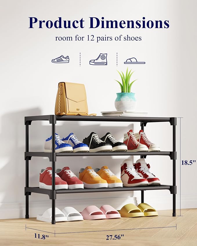 Kitsure Shoe Rack - Non-Woven Shoe Rack Shelf, 27.5" Wide - 3 Tier, Black | Shoe Organizer for Closet, Entryway, Garage, Stackable Shoe Shelves, college dorm&apartment essentials - Image 3