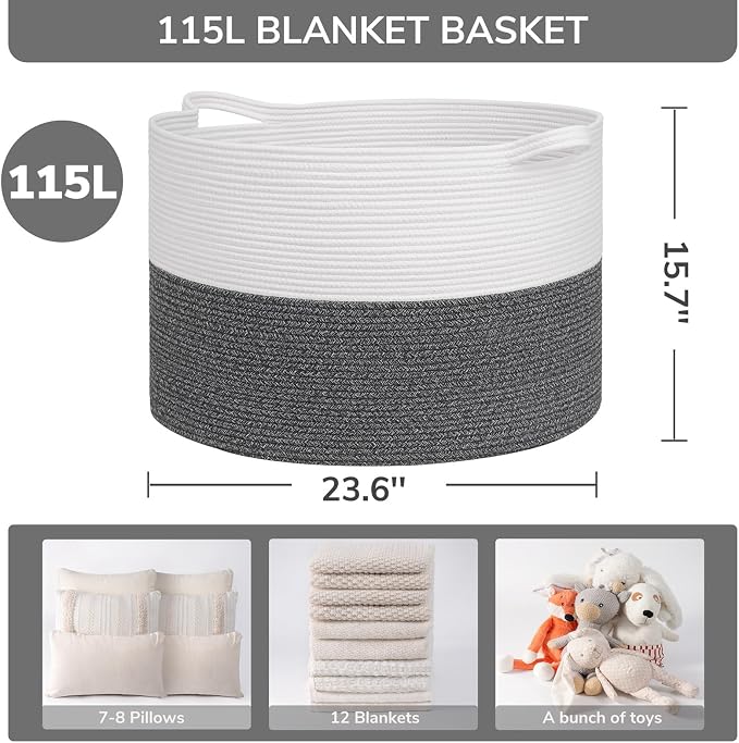 INDRESSME 115L Extra Large Woven Rope Blanket Basket Living Room - Image 2