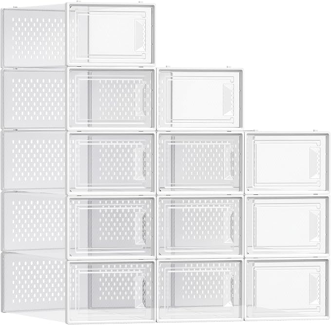 SONGMICS Shoe Boxes, Clear Plastic Sneaker Box, Pack of 12 | Stackable Shoe Storage Organizers, for Closet, 13.1 x 9.1 x 5.6 Inches, Transparent and White, DENNYS Collection ULSP12SWT by Unknown