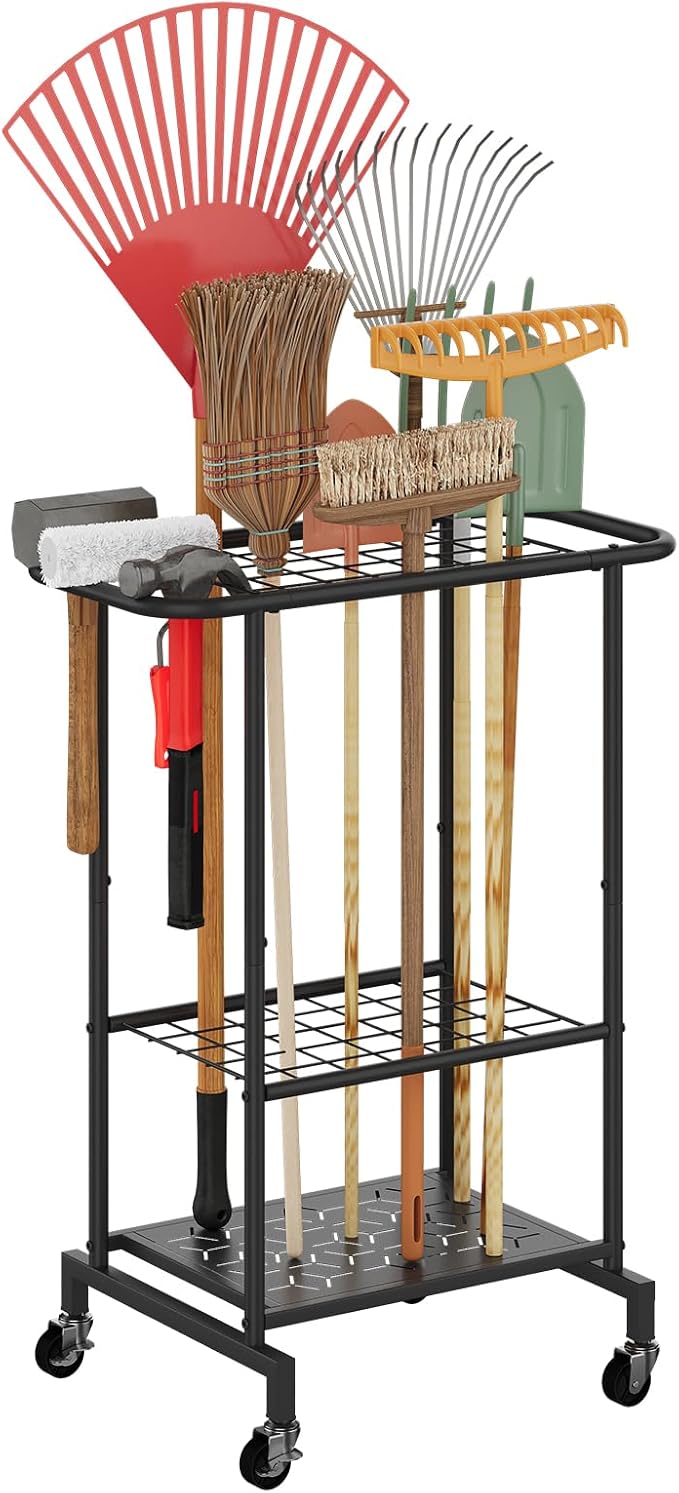 Rolling Garden Tool Organizer, Heavy Duty Steel Yard Tool Rack broom holder by PULIJIAJU