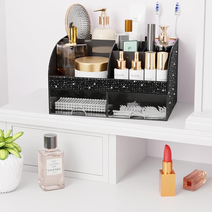 Bling Makeup Organizer with Drawers, Cosmetic Storage for Dresser Vanity and Bathroom Countertop, Beauty Holder for Lipstick Brush, Skincare Organizer for Vanity, Cosmetic Display Case Bling Black - Image 3