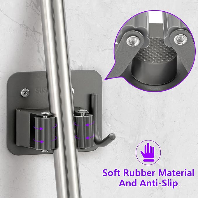 Broom Holder Wall Mount Rack, 304 Stainless Steel Mop and Tool Organizer - Image 3