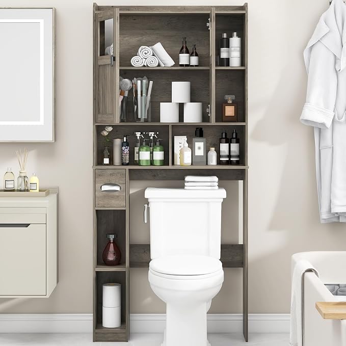 Vabches Over The Toilet Storage Cabinet with Doors and Shelves, Grey - Image 3