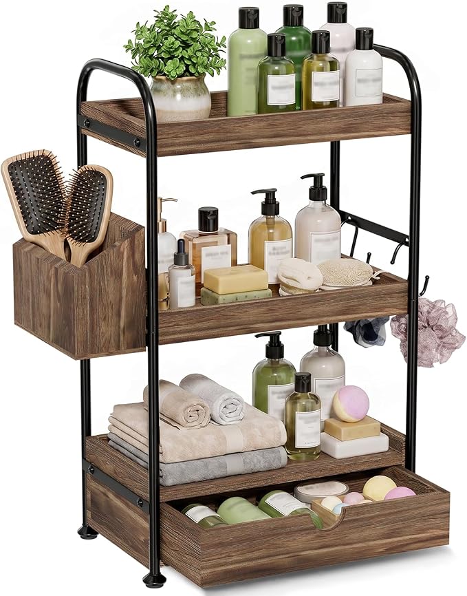 3-Tier Bathroom Counter Organizer with Drawer, Wooden Vanity Skincare Shelf by Kottwca