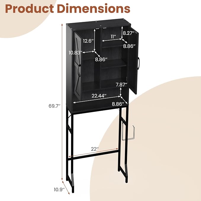 Over The Toilet Storage Cabinet,23.6" W Bathroom Organizer, Black - Image 2