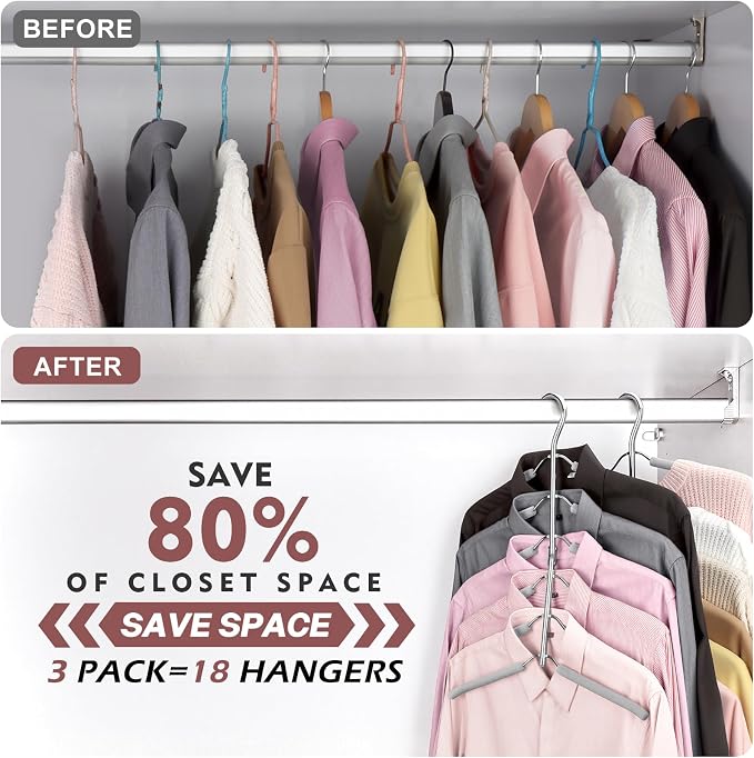 Space Saving Clothes Hangers,6 Tier Non Slip Shirt Hangers Closet Organizer | Space Saving Coat Hanger with Foam Padding,Closet Organizers and Storage for Shirts, Sweaters, Jackets, 3 Pack, Gray - Image 6