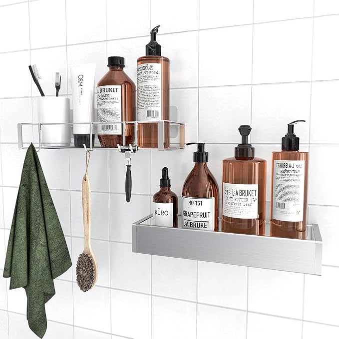 Bathroom Adhesive Shower Caddy Basket Shelf with Hooks, No Drilling Removable Bathroom Shelf Organizer,Stainless Steel Rustproof Shower Rack for Shampoo Storage, Sponge Holder-Silver - Image 3