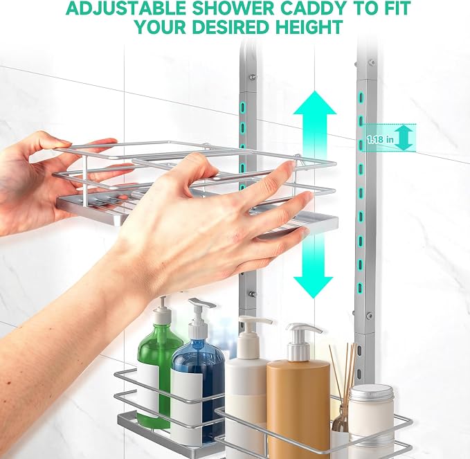 Shower Caddy Hanging for Handheld Showerheads Adjustable Hagging Shower Caddy, Stainless Steel Hose Hanging Shower Organizer 4 Levels Height Shower Rack (Sliver) - Image 3