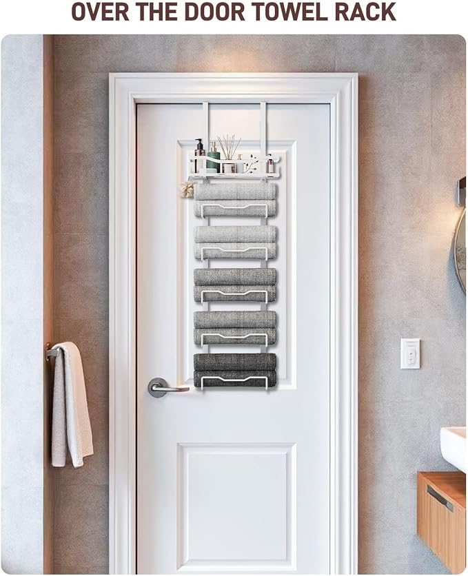 Aetyord Hanging Towel Racks for Bathroom No Drill - Over The Door 6-Tier Bath Towel Storage Organizer for Small Bathrooms - Back Door Large Tiered Towel Holder Hanger for Rolled Towels RV Camper White - Image 3