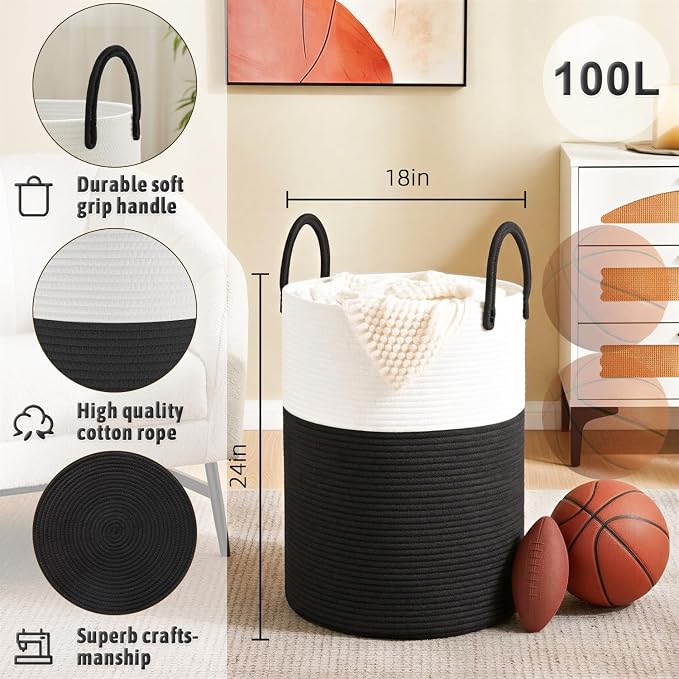 Artfeel Laundry Basket,Woven Cotton Rope Laundry Hamper,100L for Decorative Storage of Dirty Clothes,Toys and Blankets in Bathroom,Baby Room and Living Room - Image 6