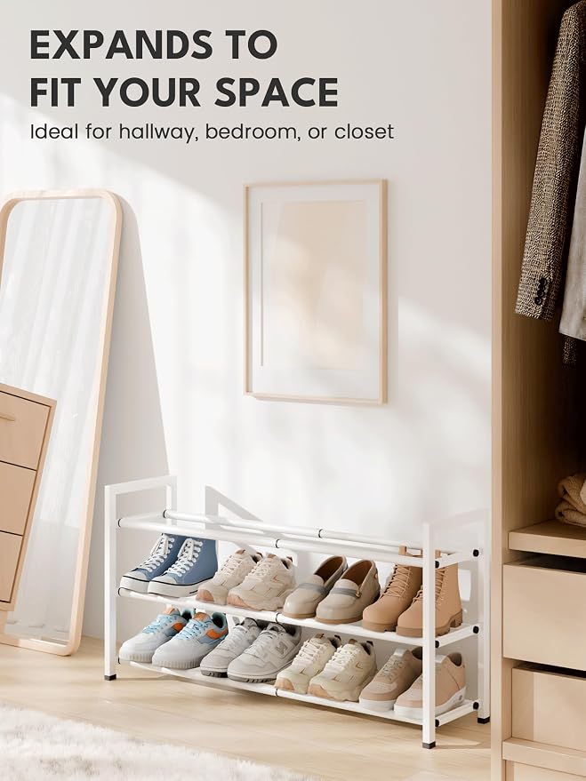 Bumusty 3 Tier Expandable Shoe Rack for Closet, White | 18"-33" Adjustable Shoe Rack for Entryway, Small Shoe Organizer for Dorm, Front Door, Sturdy Metal - Image 3