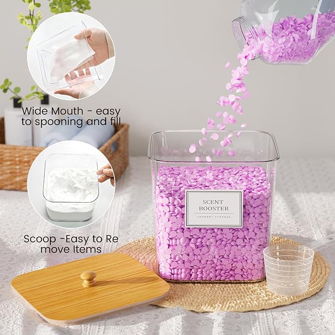 HomePekite Laundry Pods Storage Container, Clear Acrylic Laundry Room Organization and Storage ,Detergent Powder Container,with Wooden Lids & Labels, 2+1 Pack - Image 2