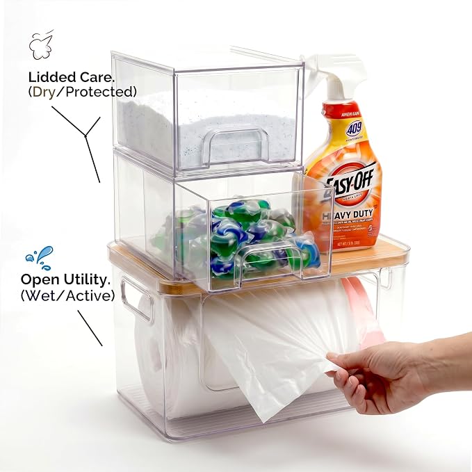 Hudgan Under Sink Organizers 3 in 1, Stackable Acrylic Bathroom Storage, Trash Bag Dispenser and Dishwasher Pods Holder for Kitchen and Laundry Room Organization - Image 2