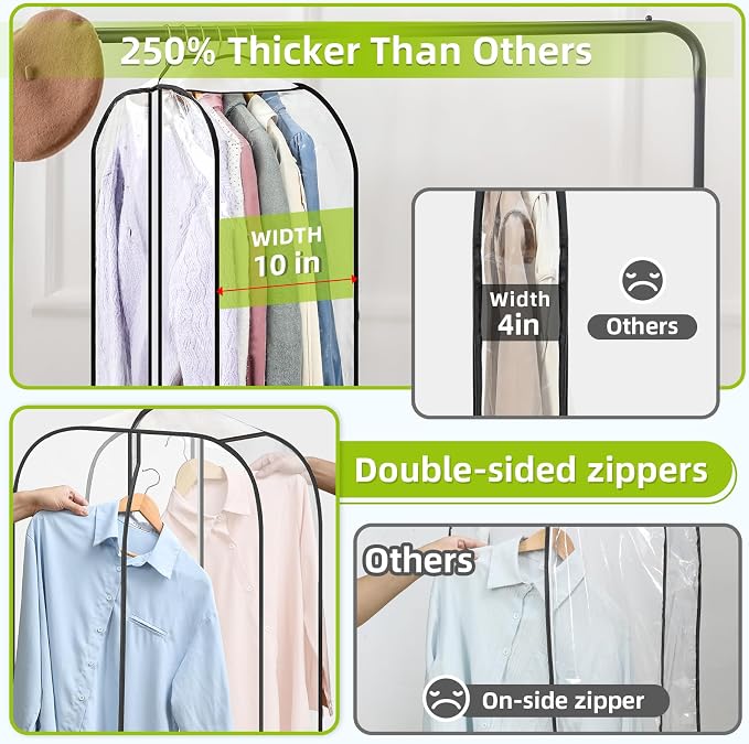 LANDNEOO 6 Pack Clear Garment Bags for Hanging Clothes with Zippers on Double Sides - 10'' Clothes Storage for Coat, Dress, and Fur in Closet - 40'' Long Suit Bags - Image 3