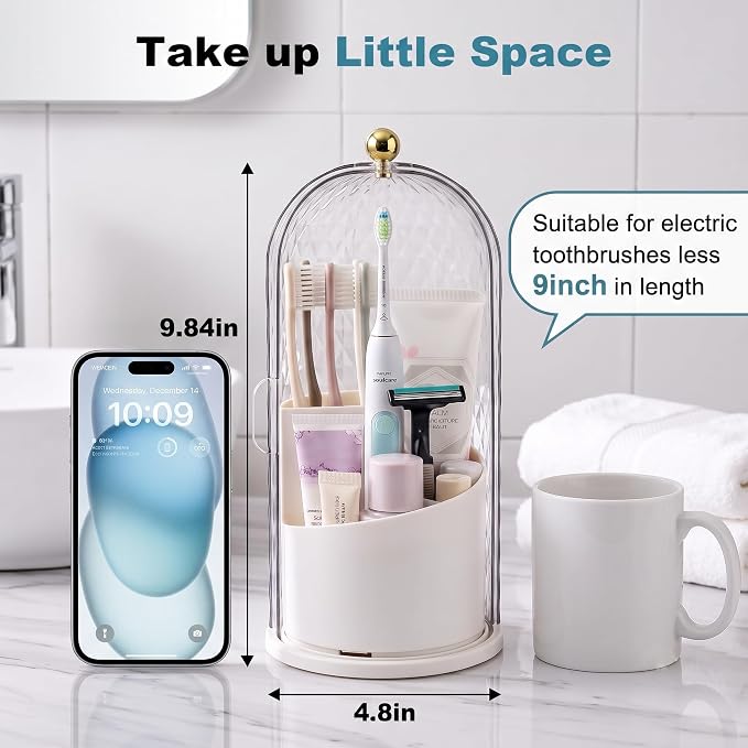 QIYVLOS Toothbrush Holders with Sliding Lid, Rotating 3 Slots Bathroom Organizer Countertop, Tooth Brush Toothpaste Holder Bathroom Counter Stand Caddy for Vanity Makeup Brushes Holder (White) - Image 7