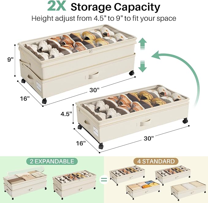 Kitstorack 4 Pack Height-adjustable Under Bed Storage with Wheels, Under Bed Storage Containers,Under Bed Shoe Storage Organizer with Clear Window&Label, Suitable for Clothes Storage, Beige - Image 3