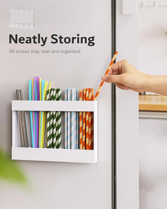 Magnetic Acrylic Straw Holder for Fridge - 5 Slot Sturdy Kitchen Organizer, Adhesive-Free Refrigerator Storage for Metal, Glass, Silicone Straws & Utensils (White-Magnetic Type-5C) - Image 6