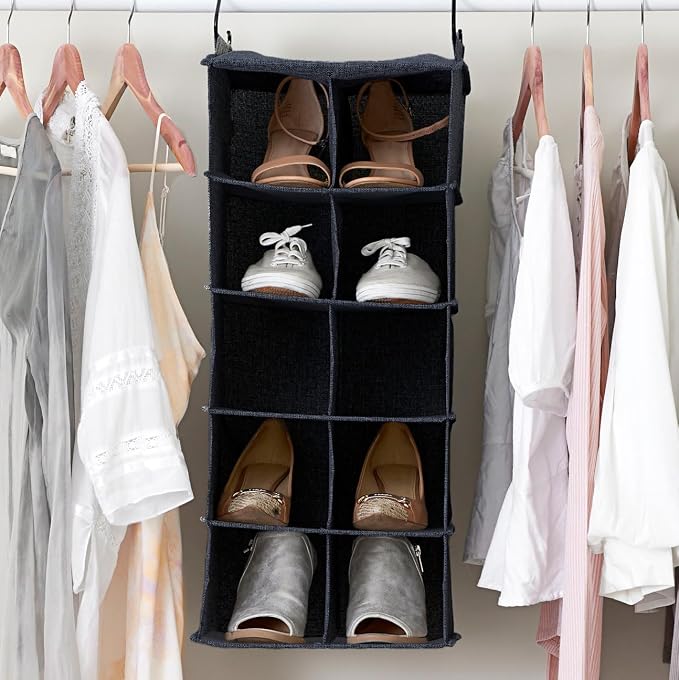 Household Essentials Hanging Cotton Blend and Plastic Closet Shoe Organizer with 10 Storage Compartments, Denim - Image 6