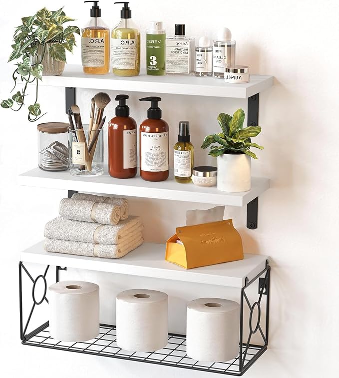 Amada Bathroom Shelves with Storage Basket, Set of 3, White by AMADAHOMEFURNISHING
