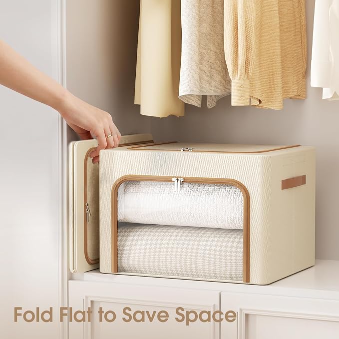 Yecaye 3-Pack 66L Clothes Storage Bins, Storage Bags for Clothes, Beige - Image 6