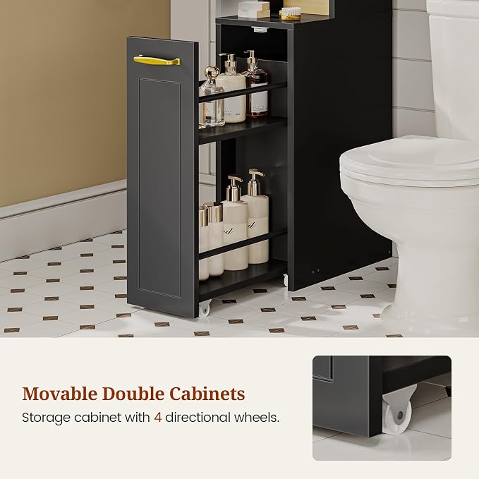 UPOSOJA Over The Toilet Storage Cabinet with Pulley Bathroom Storage Cabinet, Space Saver W/Adjustable Shelf & Open Shelf for Bathroom, Restroom, Laundry (Black) - Image 5