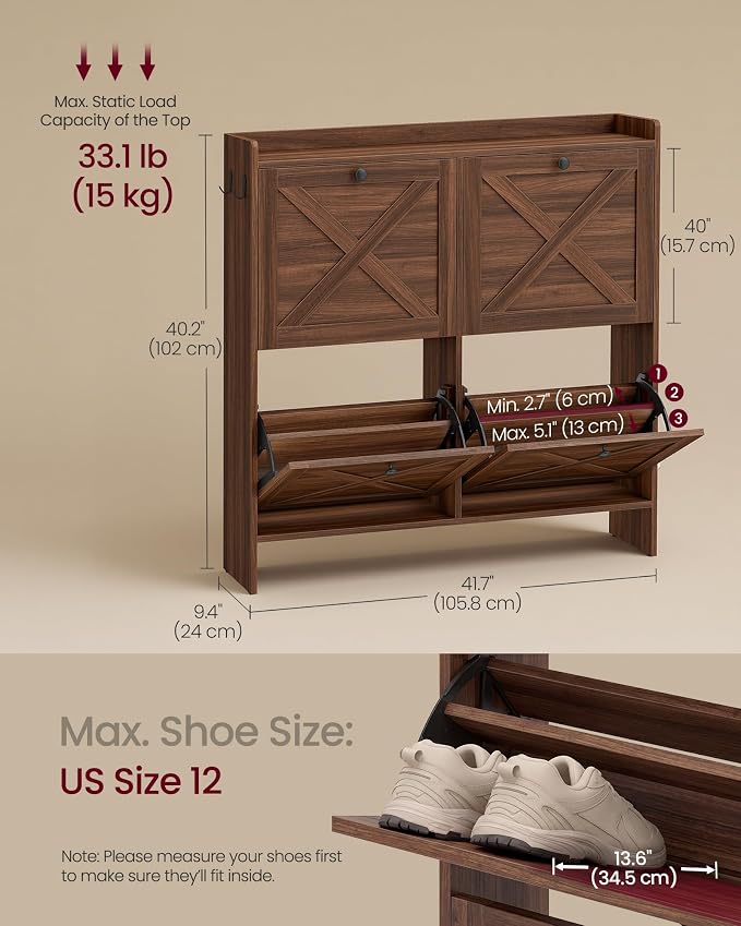 VASAGLE Narrow Shoe Storage Cabinet Organizer with 4 Flip Drawers | Freestanding Shoe Rack, Fits 16 to 24 Pairs, for Entryway, Farmhouse Style, Chestnut Brown, HANIS Collection UHSC403KX01S - Image 2