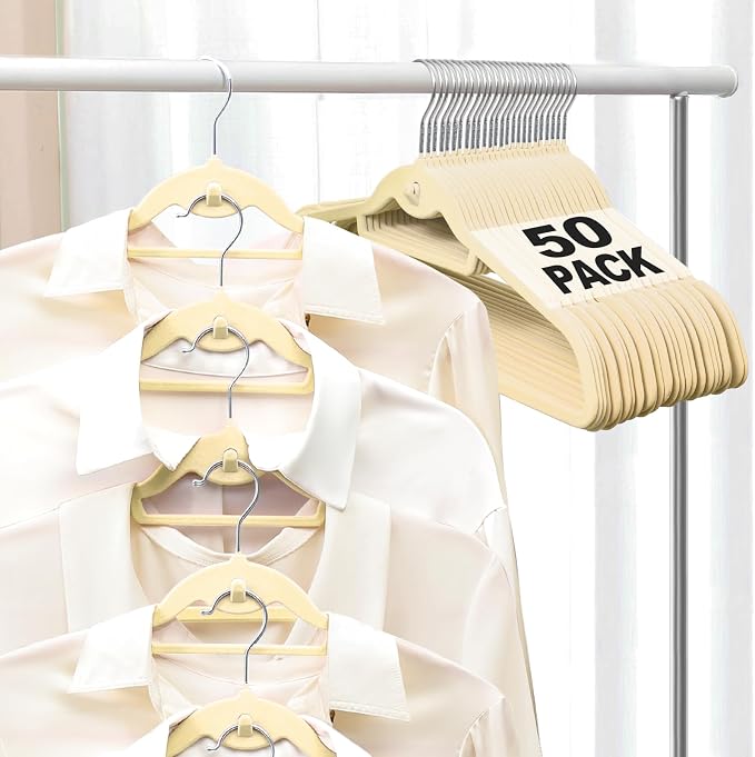Velvet Felt Stackable Hangers 50 Pack, Thin & Space Saving, Ivory | Non Slip, 15Lbs Capacity Heavy Duty With 360° Swivel Hook, Shoulder Notches, No Shoulder Bump, for Coat Suit Shirt Dress by UEAKPIC