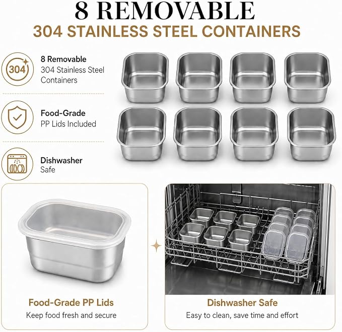 Ankou Snackle Box Container, Stainless Steel Divided Serving Tray with Lid, Handle and Forks - Image 3