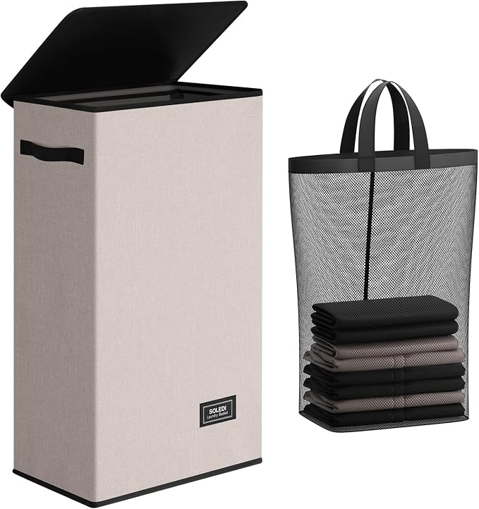 SOLEDI Slim Laundry Basket with Lid, Narrow Laundry Hamper for Small Space by SOLEDI