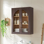Bathroom Wall Cabinet, 23.5×31.4'' Storage Cabinet, Arched Cabinet Wall Mount with Adjustable Shelf & Glass Doors, Medicine Cabinet for Laundry Room, Bathroom, Kitchen, Living Room, Brown, 3 Pieces - Image 3