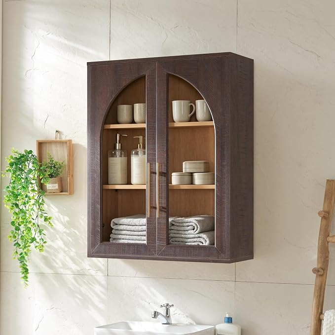 Bathroom Wall Cabinet Set 2, 23.5×31.4'' Storage Cabinet, Arched Cabinet Wall Mount with Adjustable Shelf & Glass Doors,Medicine Cabinet for Laundry Room,Bathroom, Kitchen, Brown/Natural,2PC - Image 2