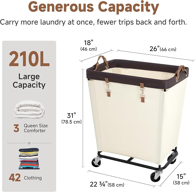 StorageWorks 210L Laundry Basket with Wheels, Rolling Hampers for Clothing - Image 2