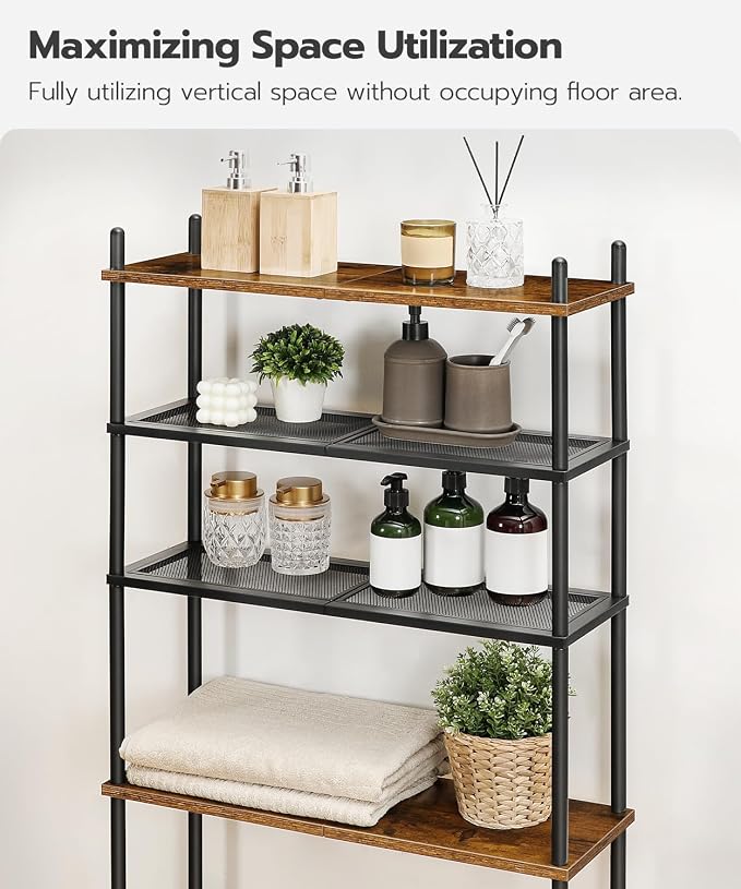 HOOBRO Over the Toilet Storage, 4-Tier Over Toilet Bathroom Organizer, Freestanding Above Toilet Shelf with Adjustable Feet, Space Saving, Easy to Assemble, Rustic Brown and Black BF64TS01 - Image 4