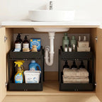 Bamboo Under Sink Storage 2 Tier Pull Out Cabinet Organizer Slide Out Under Sink Storage Shelf Undersink Organizers Shelves for Kitchen Bathroom Organization (Black, 2 Pack) by Unknown