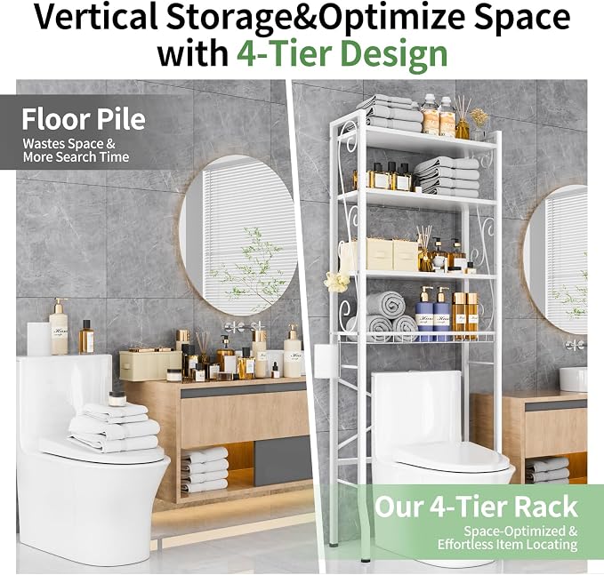 Over-The-Toilet Storage Rack 4-Tier,Bathroom Organizer Shelf Over Toilet,Adjustable Wooden Shelves and Basket,Freestanding Above Toilet Shelve,Space Saver for Rooms(White Rack-White Shelves) - Image 3