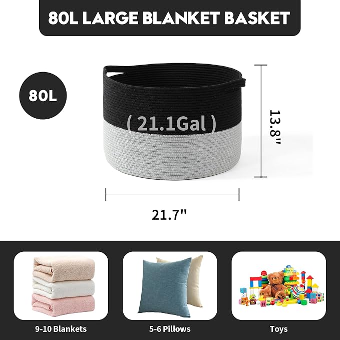 Foldable Laundry Hamper Basket with Collapsible Handle Cotton Rope Soft Woven Fabric Storage Organizer Clothes Toys Nursery Bedroom Dorm Space Saving Bin (Black & Grey, 80L(21.7"D x 13.8"H)) - Image 5