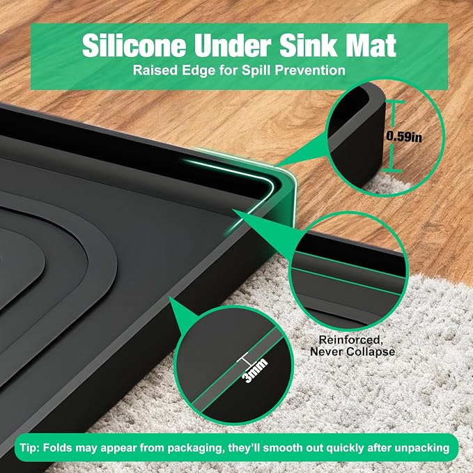 Under Sink Mat 34" X 22", Waterproof Silicone Cabinet Kitchen Liner, Black - Image 5