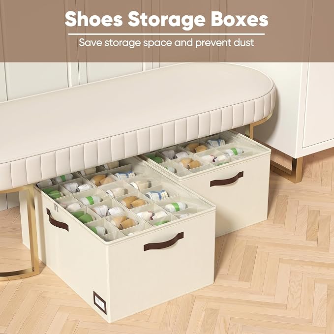 OIAHOMY 2 Pack Shoe Organizer for Closet, Large Foldable Shoe Storage Bins with Dividers and Reinforced Handles, Each Clear Cover Sneaker Box Fits Up to 24 Pairs for Entryway and Bedroom, Beige - Image 2