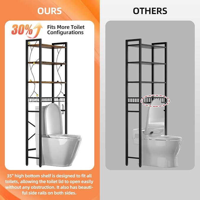 Over-The-Toilet Storage Rack, 4-Tier Bathroom Organizer Shelf Over Toilet with Adjustable Shelf and Basket, Freestanding Space Saver Bathroom Shelves Above Toilet for Room (Rustic Brown) - Image 7