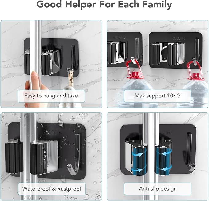 homeasy Broom Holder Wall Mount 4Pcs, Self Adhesive Mop Broom Hanger - Image 4