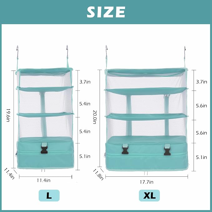 Surblue Hanging Closet Storage Bag Collapsible 3-Shelf Washable Oxford Fabric with 2 Hooks (L 11.41 * 11.41 * 19.68in, Aqua Blue) - Image 2