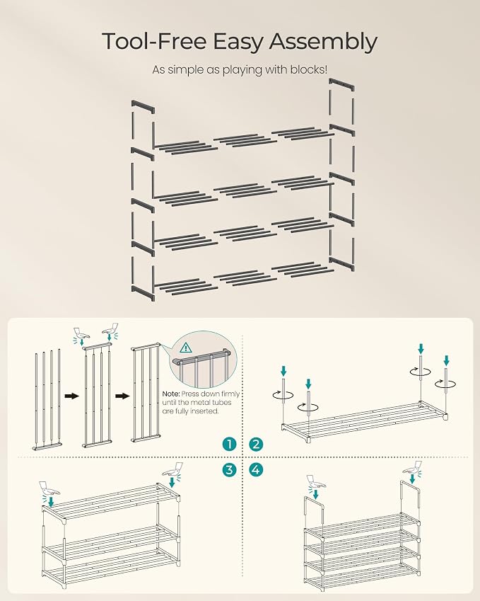 SONGMICS Shoe Rack, 4-Tier Shoe Organizer, Metal Storage Shelf | for Entryway, Upright or Upside Down, for 20-25 Pairs, Stackable, 11.8 x 36.2 x 29.1 Inches, Black ULSA14BK - Image 5