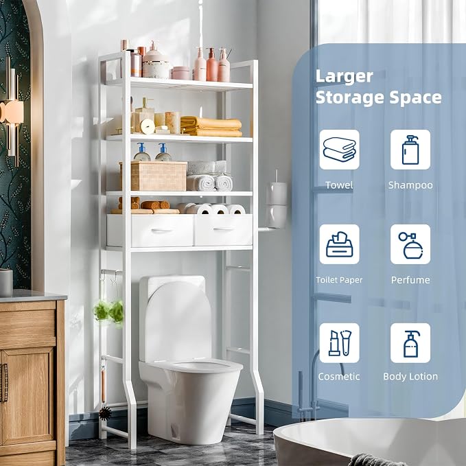 Simple Trending 4 Tier Over The Toilet Storage with Drawers, Heavy Duty Bathroom Stand Organizer Metal Shelves for Laundry, White - Image 6