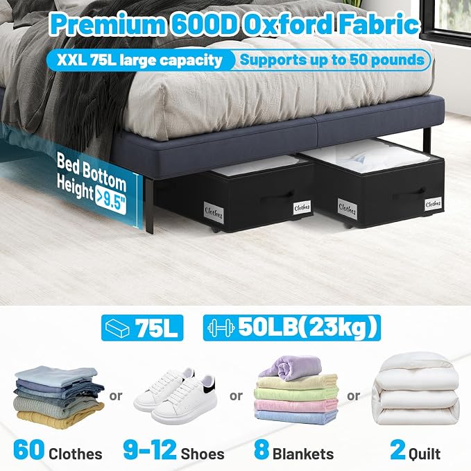 Under Bed Storage with Wheels, 2-Pack 10" Height XXL 75L Rolling Storage Bins, Quick Assembly Underbed Shoe Storage Containers with Clear Lid & Label, Dorm Under Bed Drawers for Clothes, Shoes, Grey - Image 2